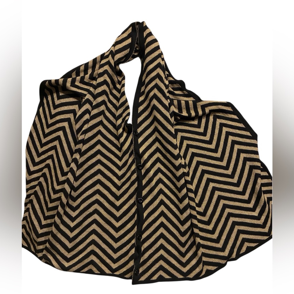 ChevronGold Lurex Shawl Patterned Black/Gold Stripes W/ Black Buttons  VTG
